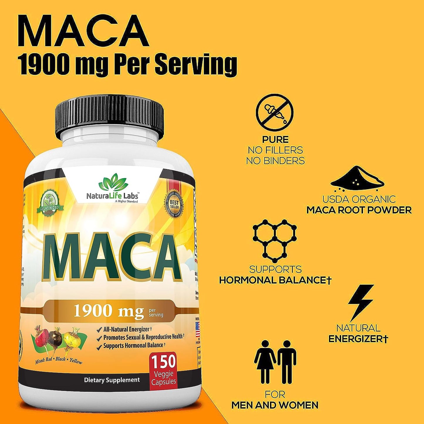 Organic Maca Root Black, Red, Yellow 1900 MG per Serving - 150 Vegan Capsules Pe