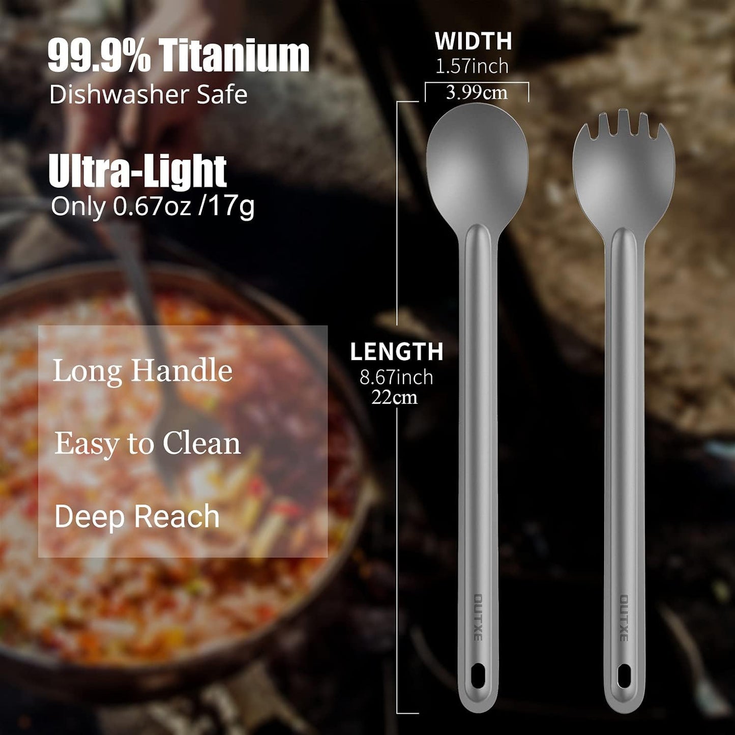 Titanium Long Handle Spork and Spoon, 8.7-Inch Soup Spoon, Camping Spork and Spo