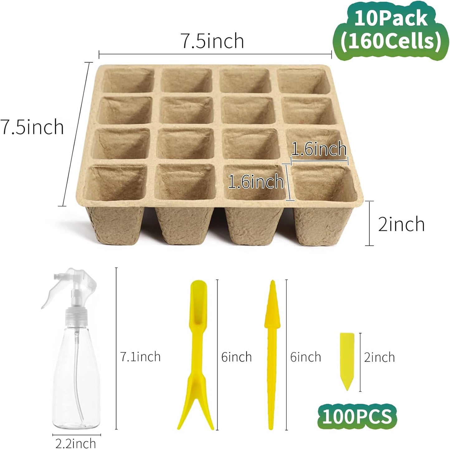 160 Cell Seedling Start Trays with Drain Holes, 10 Pack, Peat Pots, Biodegradabl