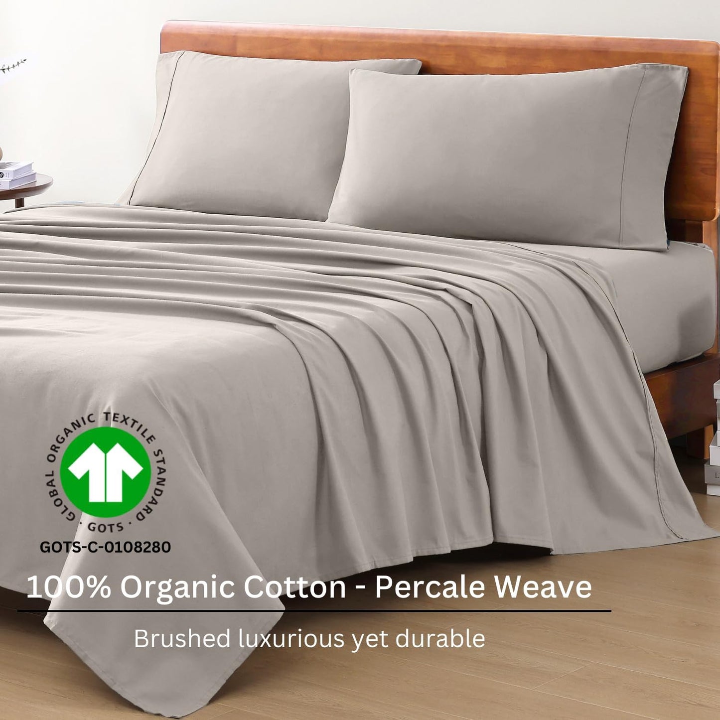 100% Organic Cotton King Sheet Set, 4Pc Cotton Sheets King Size, Percale Sheets,