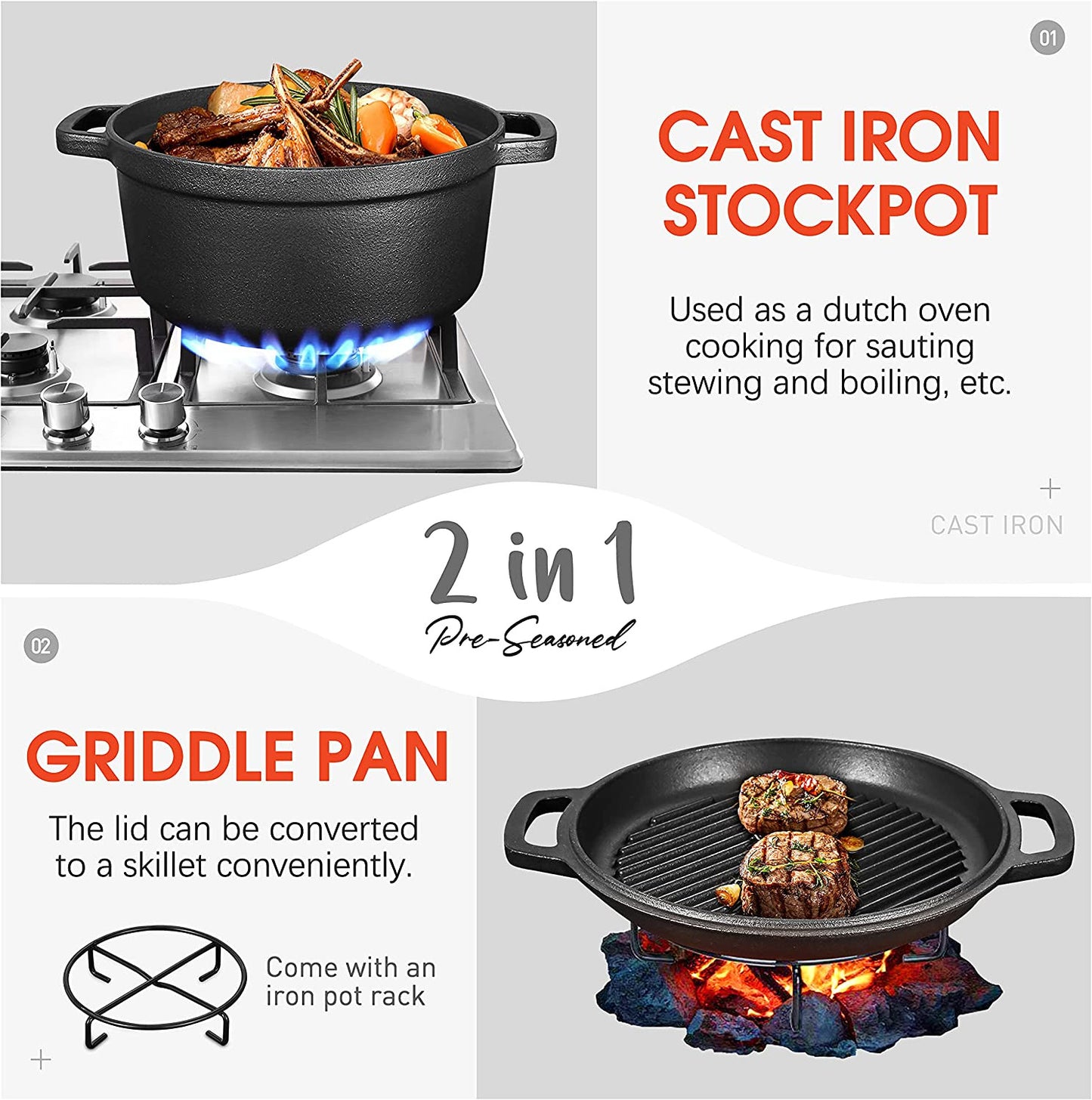 Pre-Seasoned Cast Iron 2-In-1 Heavy-Duty 5.5Qt Dutch Oven with Skillet Lid Set,