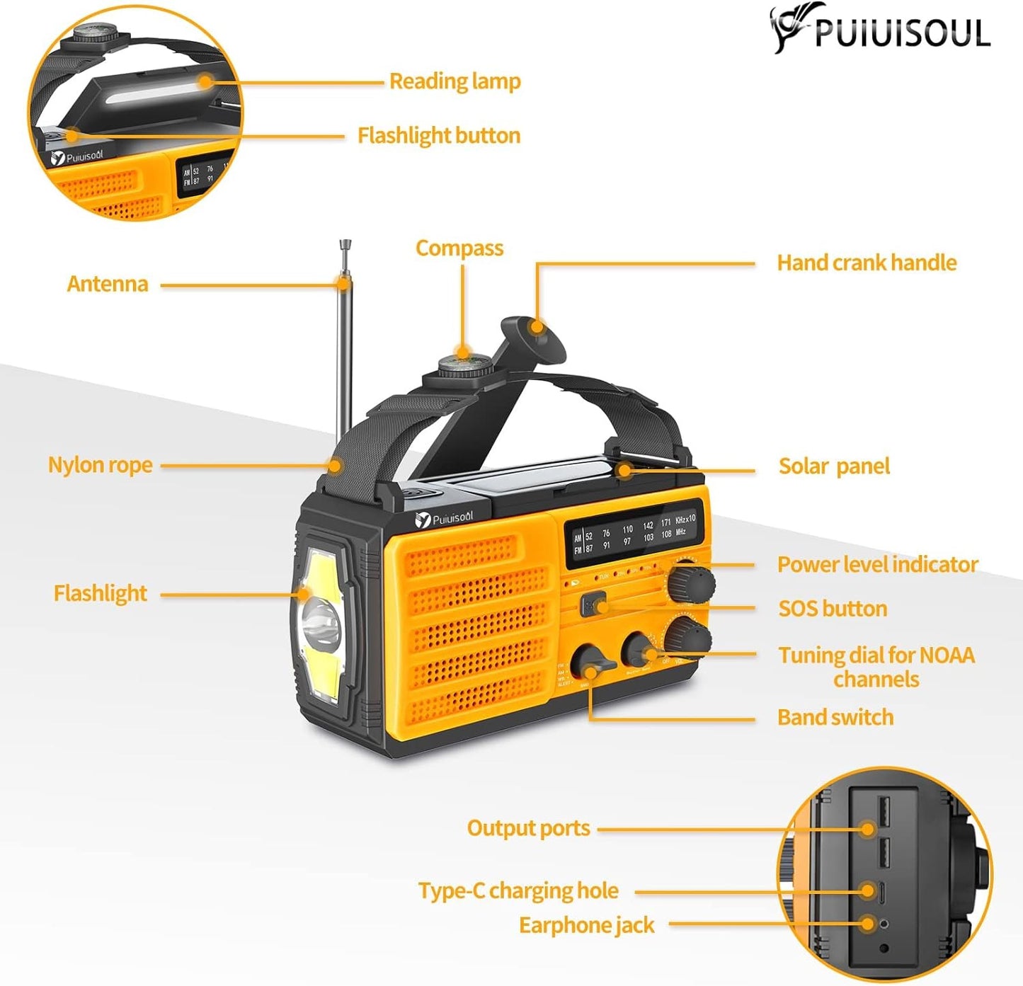 Emergency-Radio, 8000Mah Portable Weather Solar Radios with Hand Crank,Reading L