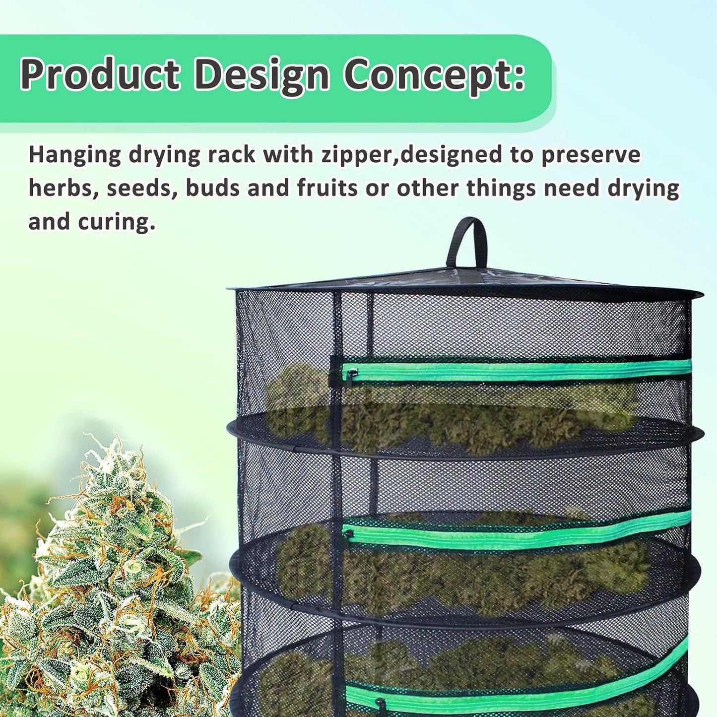 Herb Drying Rack 8 Layer 2Ft Diameter Plant Hanging Mesh Dry Net W/Green Zipper,