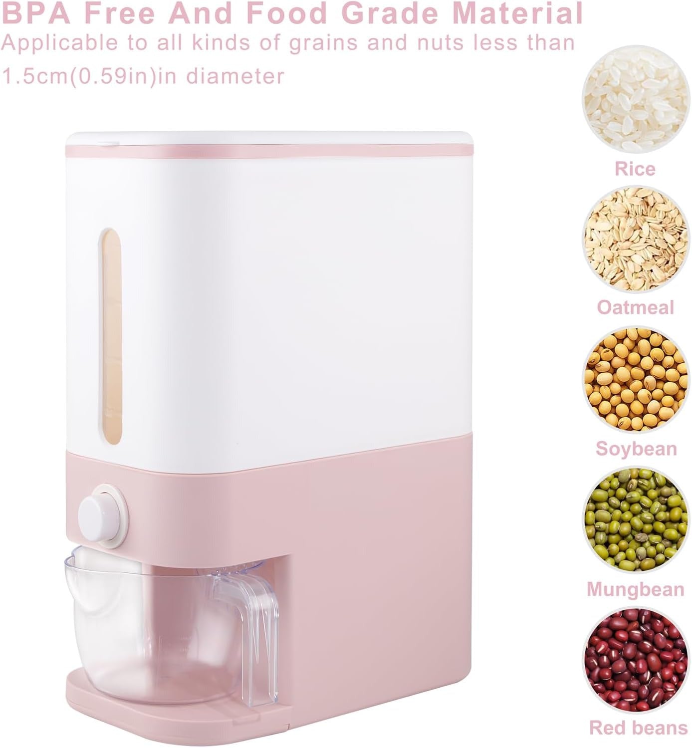 25 Lbs Pink Rice Dispenser, Rice Storage Container, Large Rice Container with Li