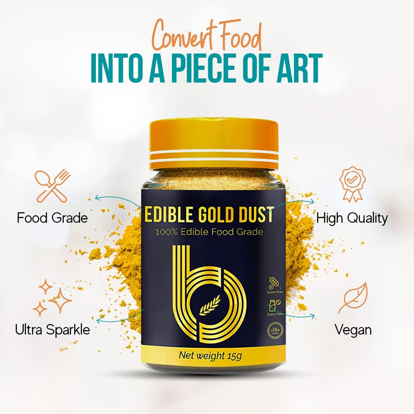 Gold Luster Dust Edible 15G - Edible Glitter for Drinks & Desserts - Gluten Free