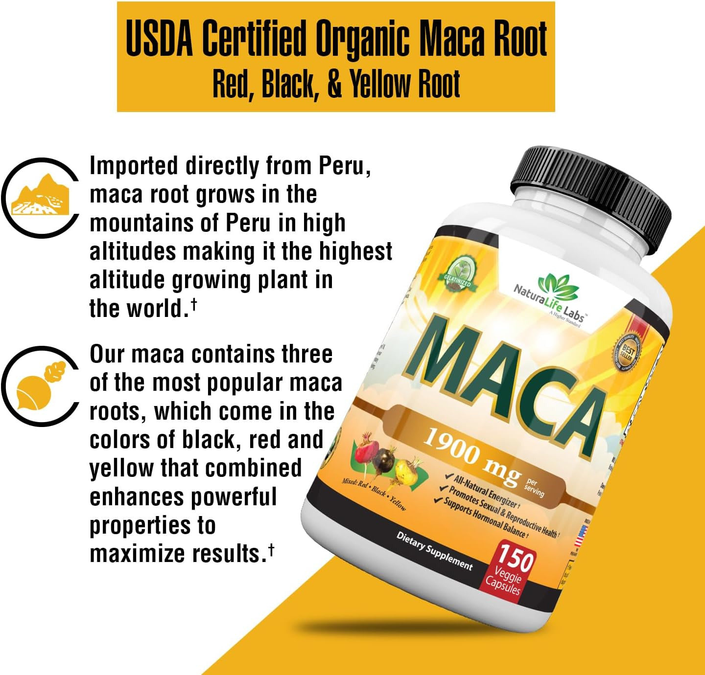 Organic Maca Root Black, Red, Yellow 1900 MG per Serving - 150 Vegan Capsules Pe