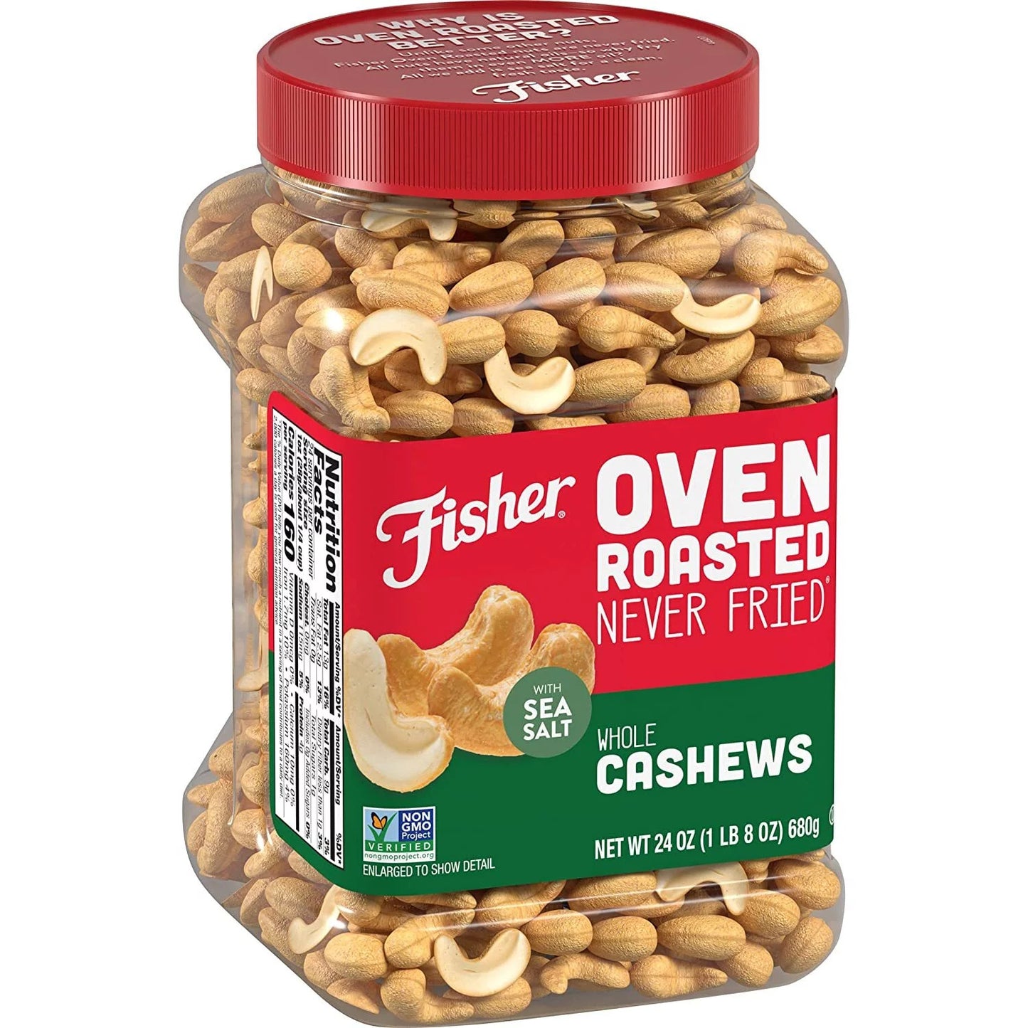 Fisher Snack Oven Roasted Never Fried Whole Cashews, 24 Ounces