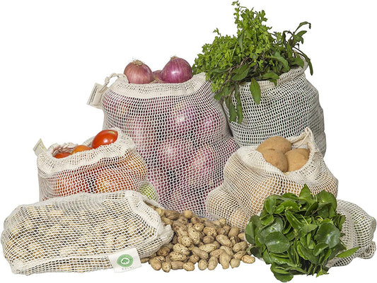 Reusable Cotton Mesh Produce Bags - 100% Organic Cotton, Durable, Double Stitche