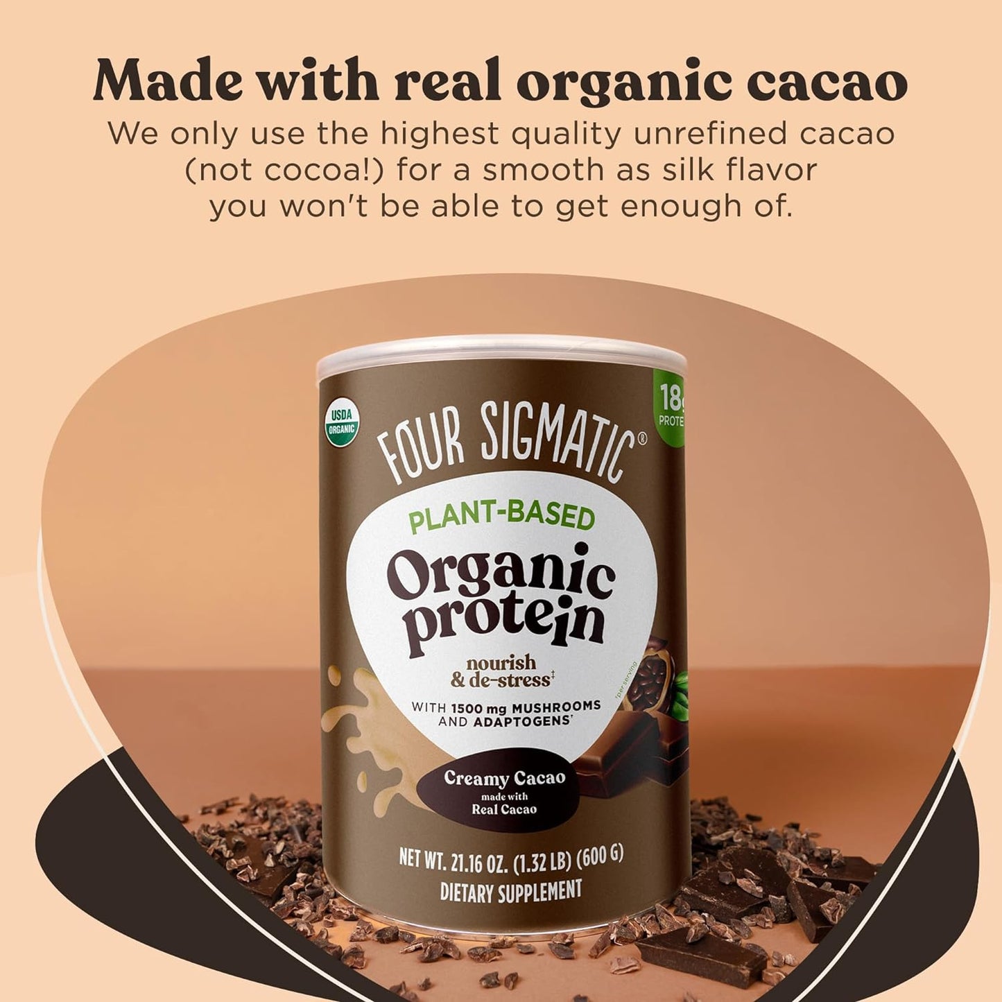 Organic Plant-Based Protein Powder Creamy Cacao Protein with Lion’S Mane, Chaga,