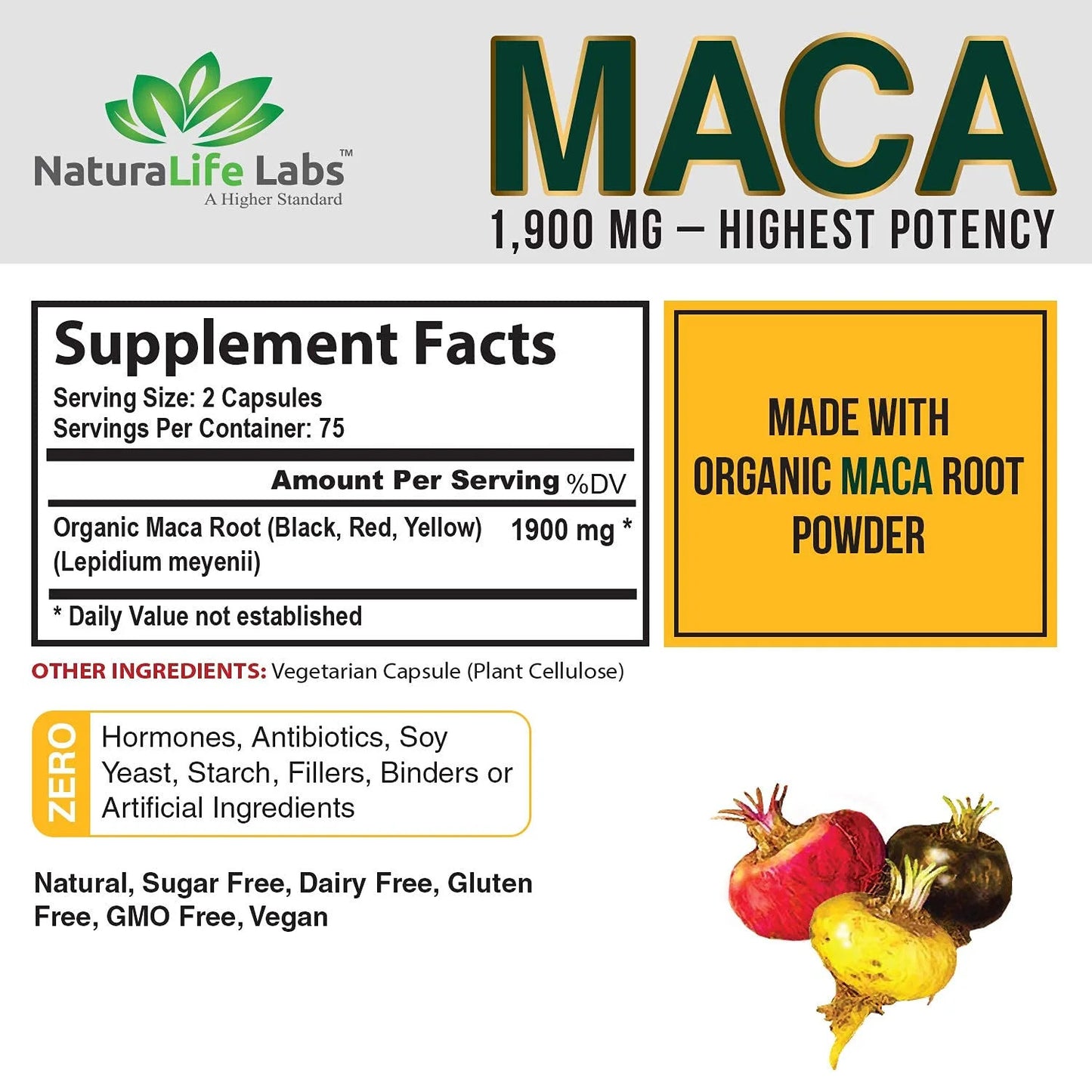 Organic Maca Root Black, Red, Yellow 1900 MG per Serving - 150 Vegan Capsules Pe