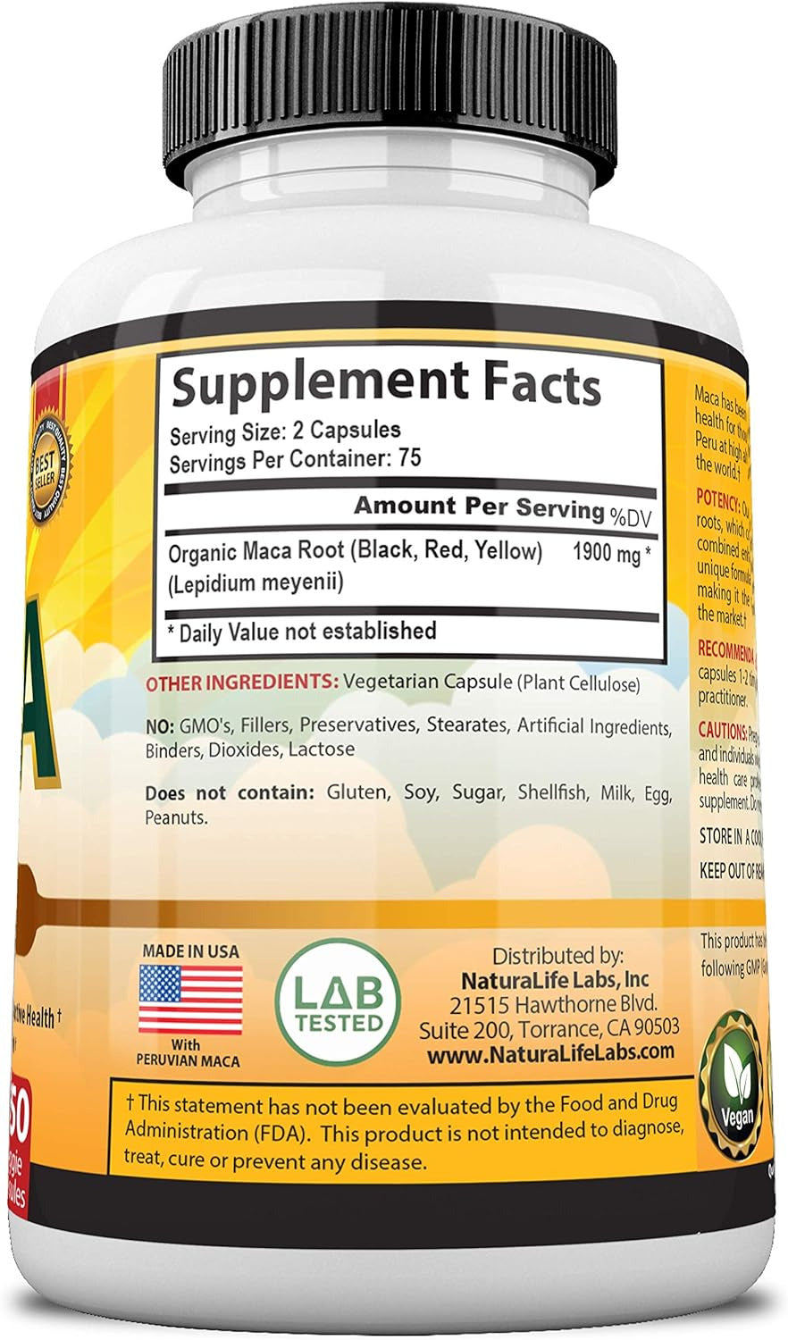 Organic Maca Root Black, Red, Yellow 1900 MG per Serving - 150 Vegan Capsules Pe