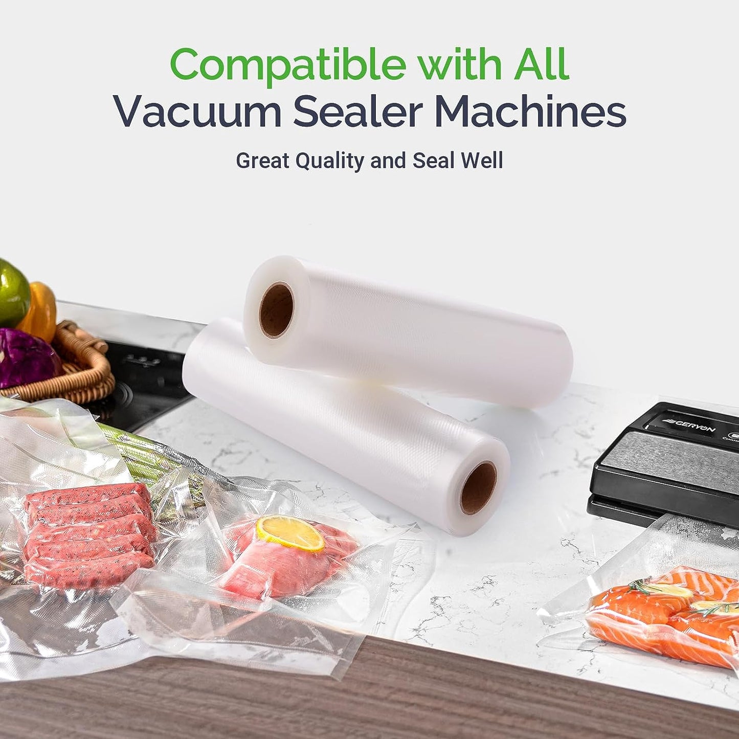 Vacuum Sealer Rolls, 2 Packs 8" X 50' Food Vacuum Sealer Bags Rolls Work with Al