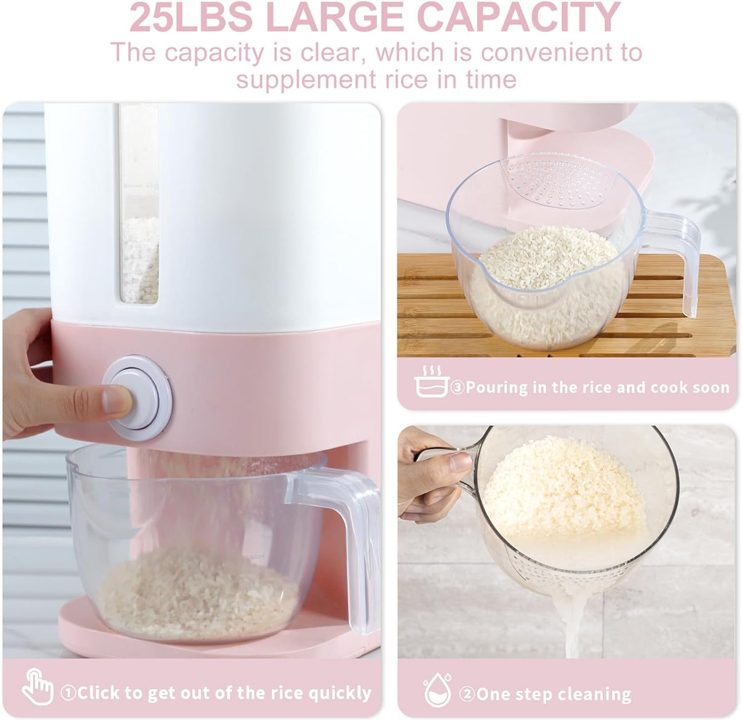 25 Lbs Pink Rice Dispenser, Rice Storage Container, Large Rice Container with Li