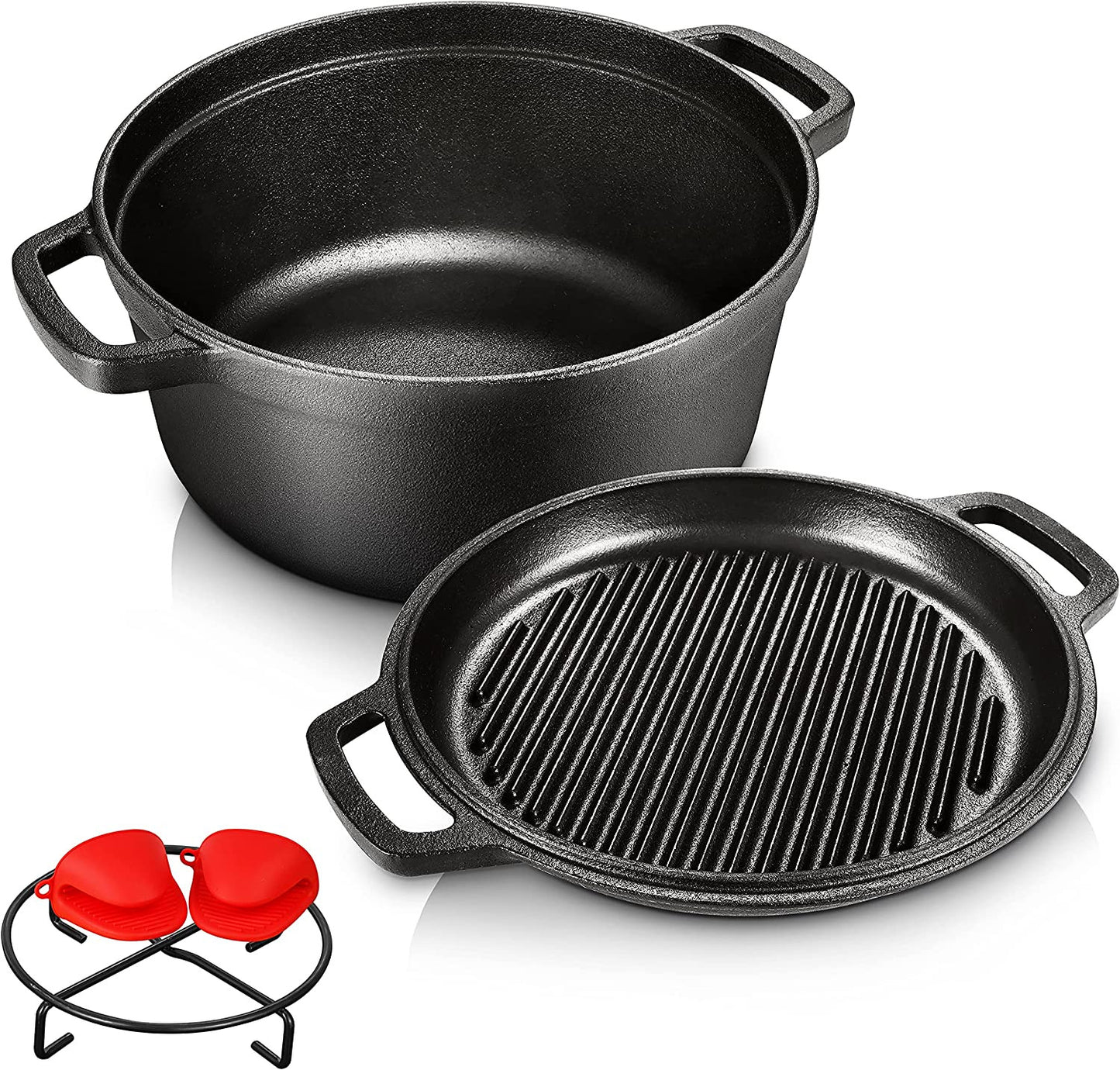 Pre-Seasoned Cast Iron 2-In-1 Heavy-Duty 5.5Qt Dutch Oven with Skillet Lid Set,