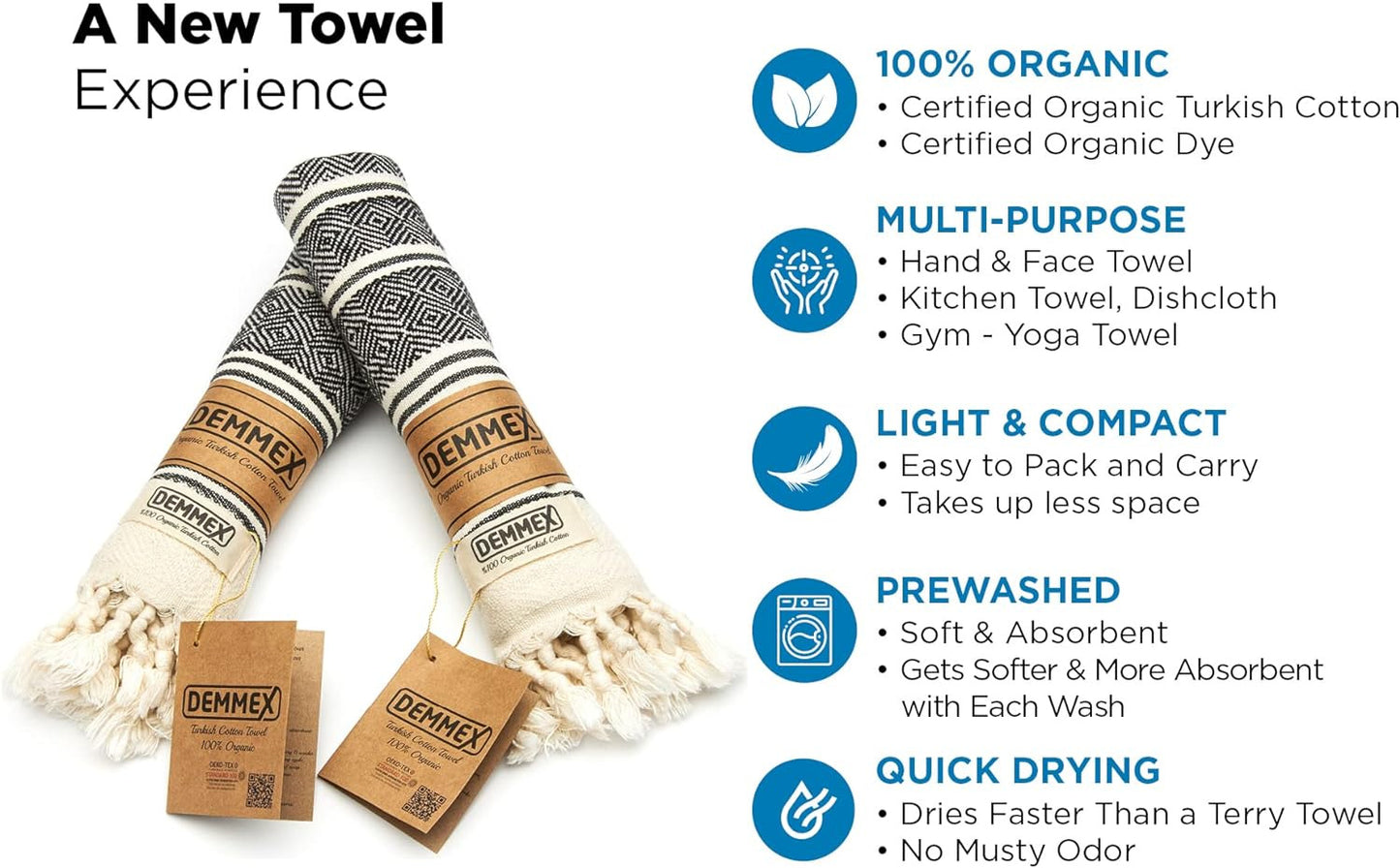 Certified Organic Cotton Turkish Hand Towels for Bathroom - Set of 2, Kitchen, G