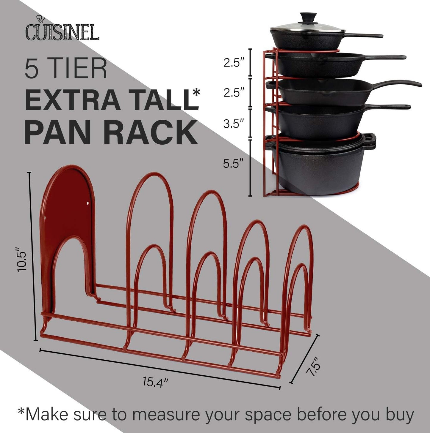 Heavy Duty Pots and Pans Organizer - Extra Large 5 Tier Pan Rack for Cast Iron S