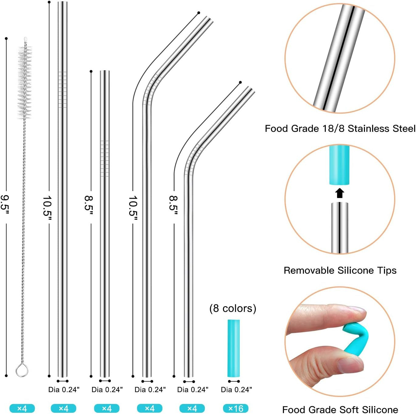 Set of 16 Reusable Stainless Steel Straws with Travel Case Cleaning Brush Silico