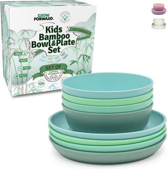 Bamboo Kids Plates and Bowls Set - 4 Bamboo Plates for Kids and 4 Bamboo Bowls f