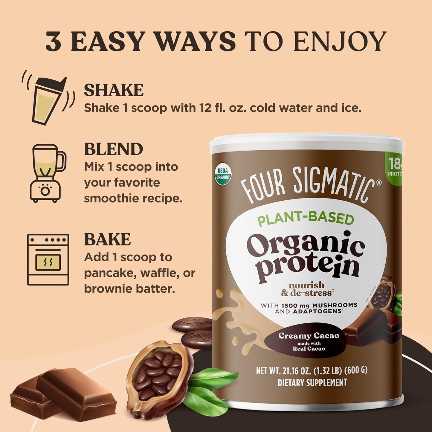 Organic Plant-Based Protein Powder Creamy Cacao Protein with Lion’S Mane, Chaga,