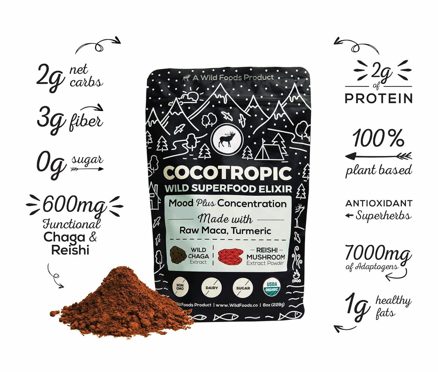 Organic Cacao Mushroom Chocolate Mix, 8 Oz | Superfood Mushroom Blend, Non-Gmo,