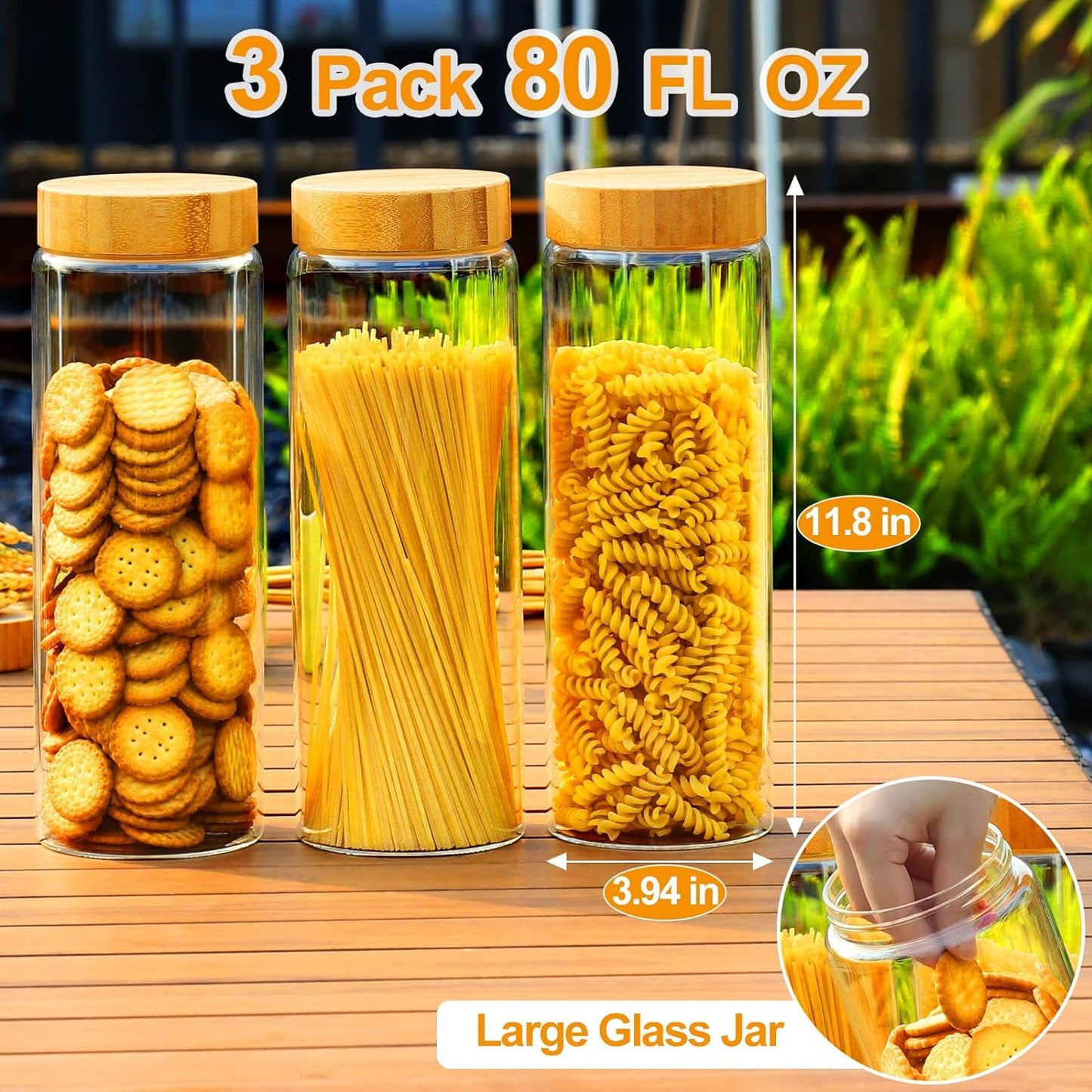 80Oz Glass Storage Containers with Bamboo Lid, Glass Jars with Airtight Lid, 3 P