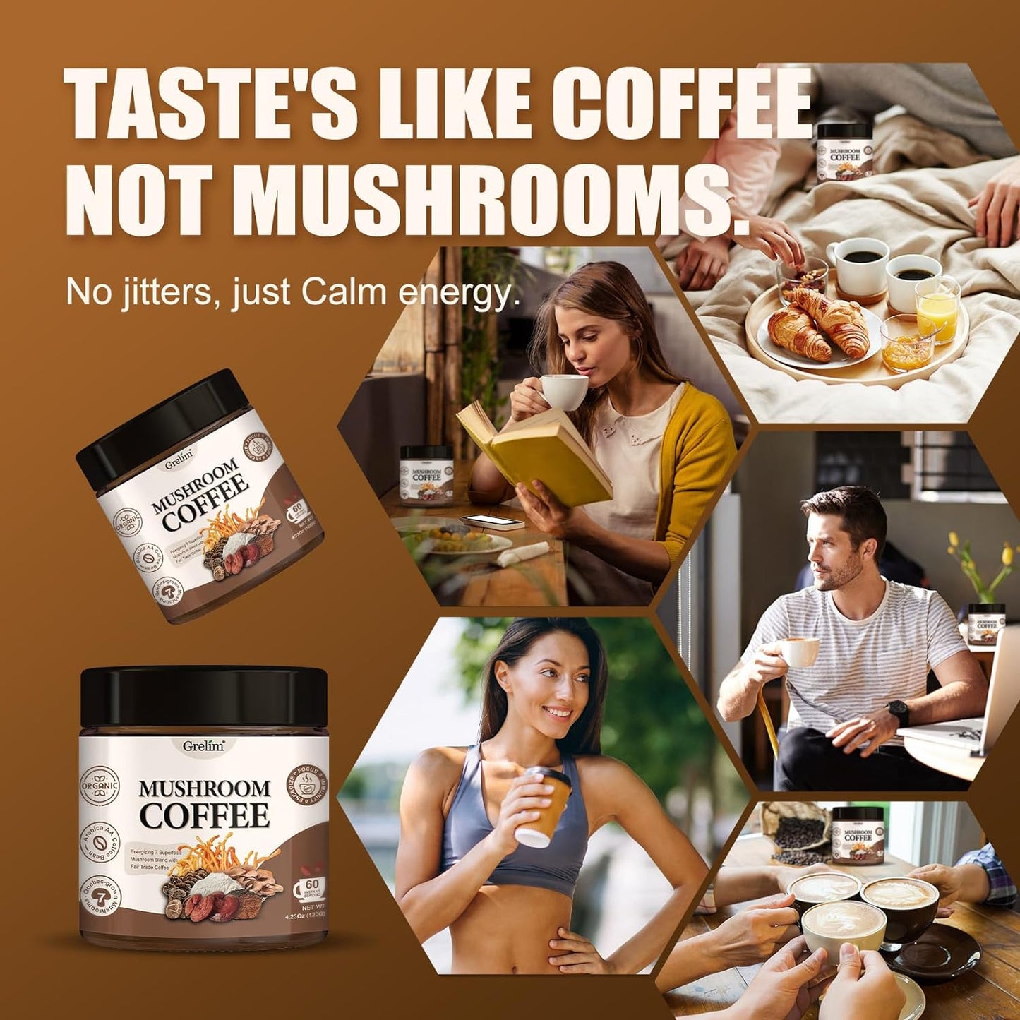 Mushroom Coffee (60 Servings) with 7 Superfood Mushrooms, Great Tasting Arabica