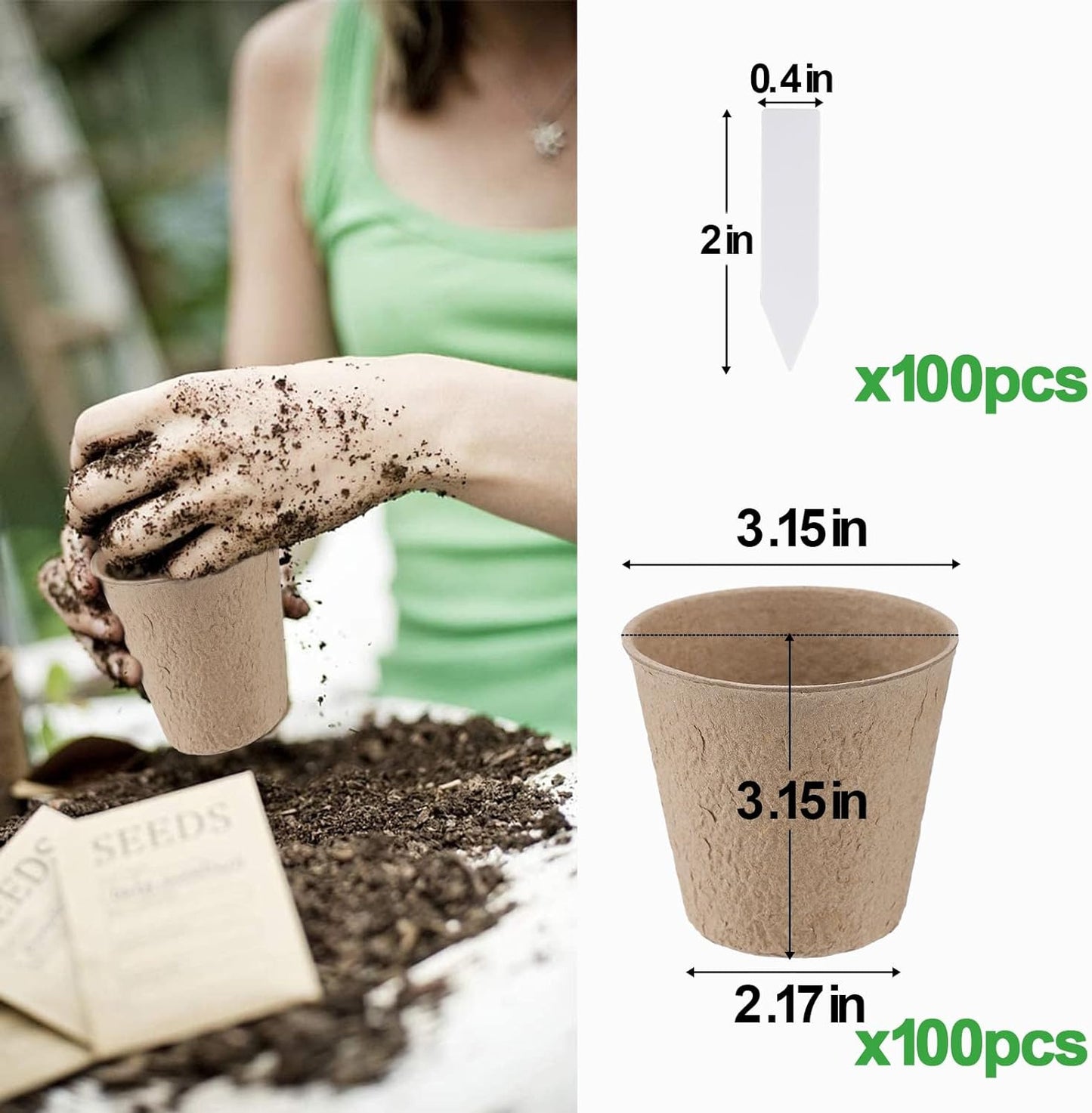 100 Pcs Thickened Peat Pots for Seedlings - 3.15" Biodegradable Eco-Friendly rou