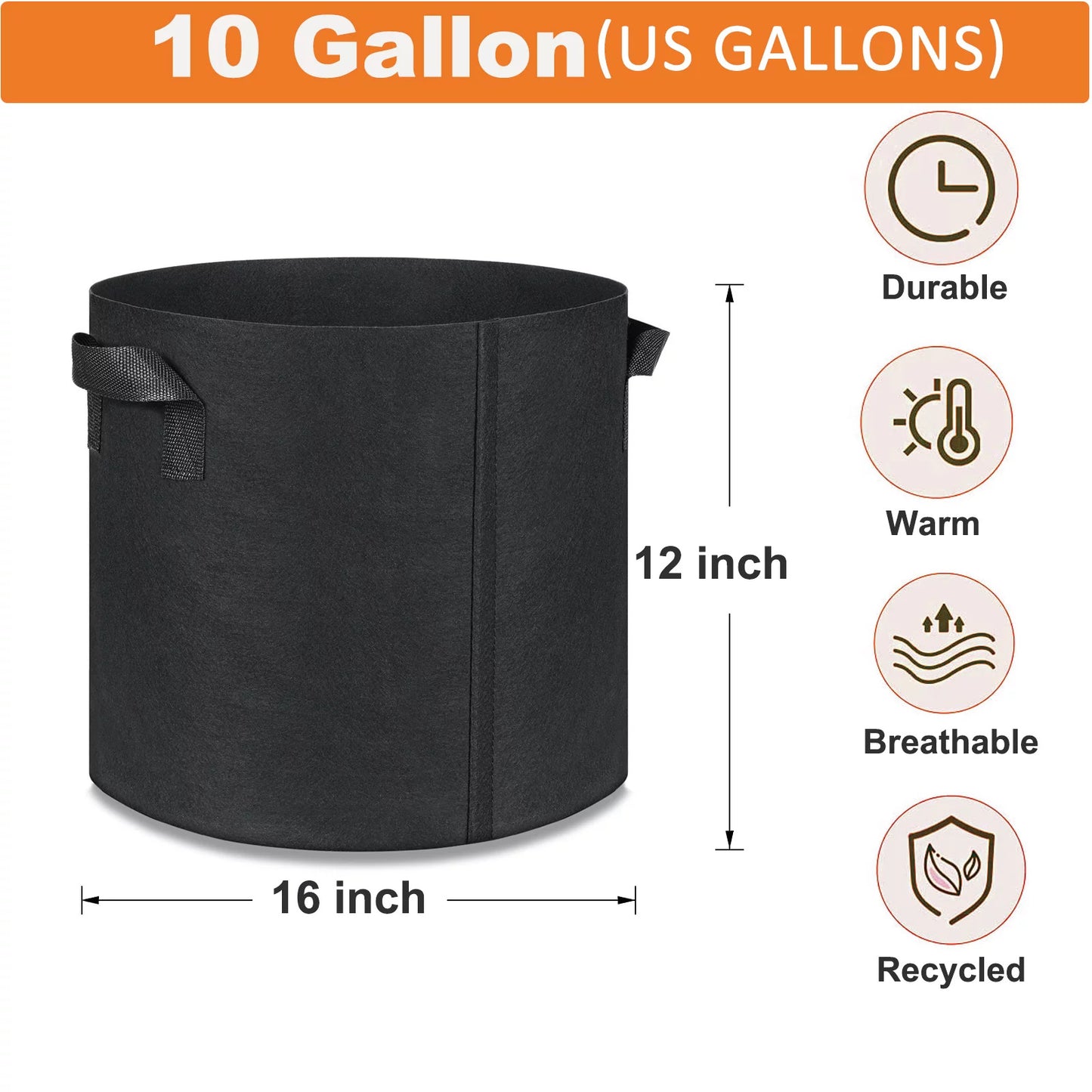 Grow Bags 10 Gallon 5 Pack Large Fabric Pots Heavy Duty 300G Thickened Nonwoven