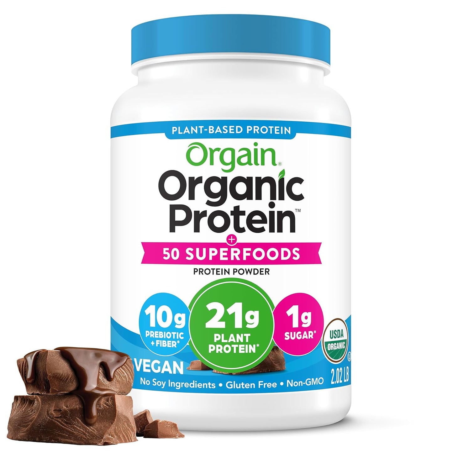 Organic Vegan Protein + 50 Superfoods Powder, Creamy Chocolate Fudge - 21G Plant