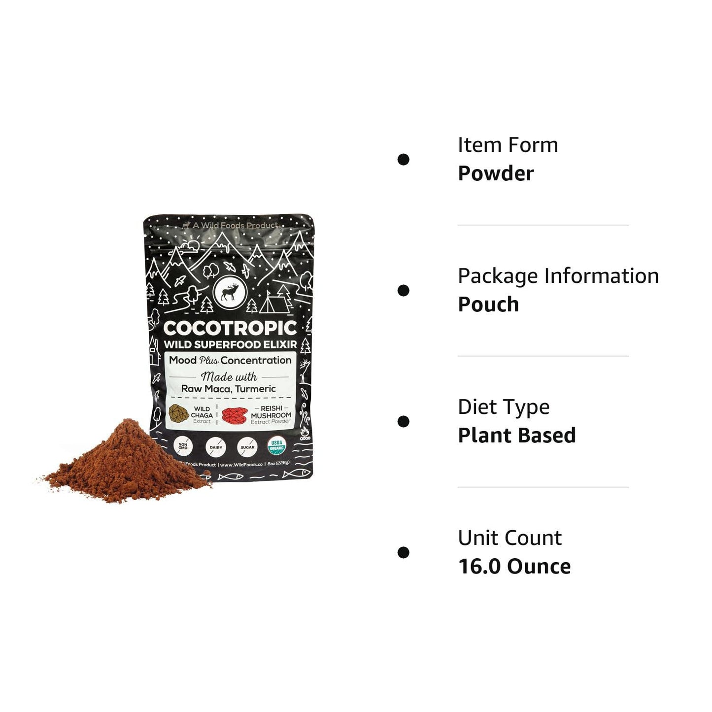 Organic Cocotropic Superfood Mushroom Hot Chocolate Mix, 16 Oz | Non-Gmo, Vegan,