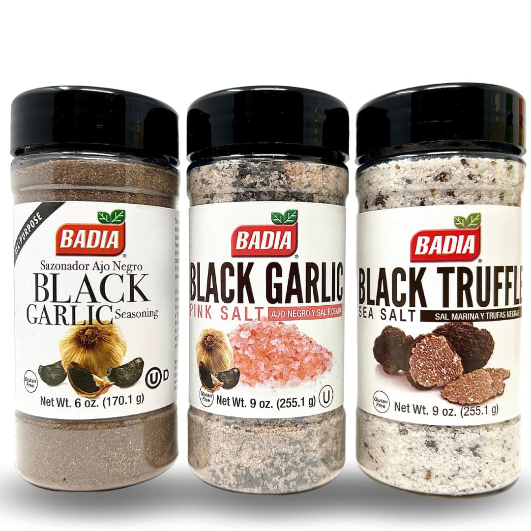 Badia Gourmet Trio: Black Garlic Seasoning 6 Oz, Pink Salt 9 Oz & Truffle Sea Sa