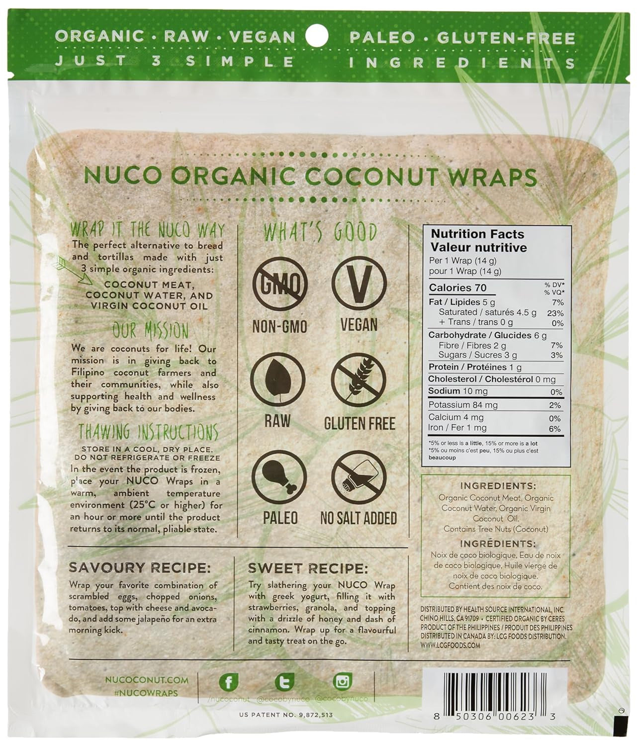 Certified ORGANIC Paleo Gluten Free Vegan Coconut Wraps, 5 Count (One Pack of Fi