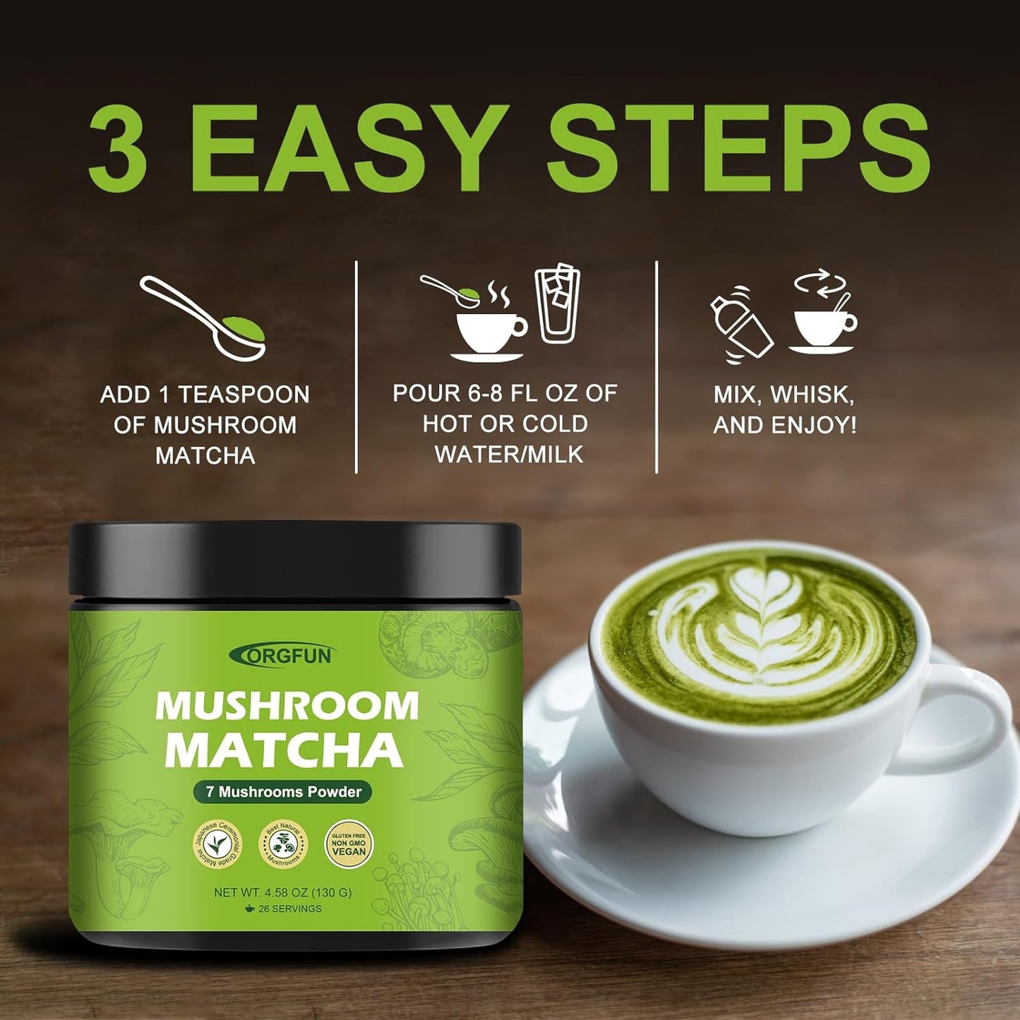 Mushroom Matcha, Japanese Ceremonial Matcha Infused with 7 Superfood Mushrooms,