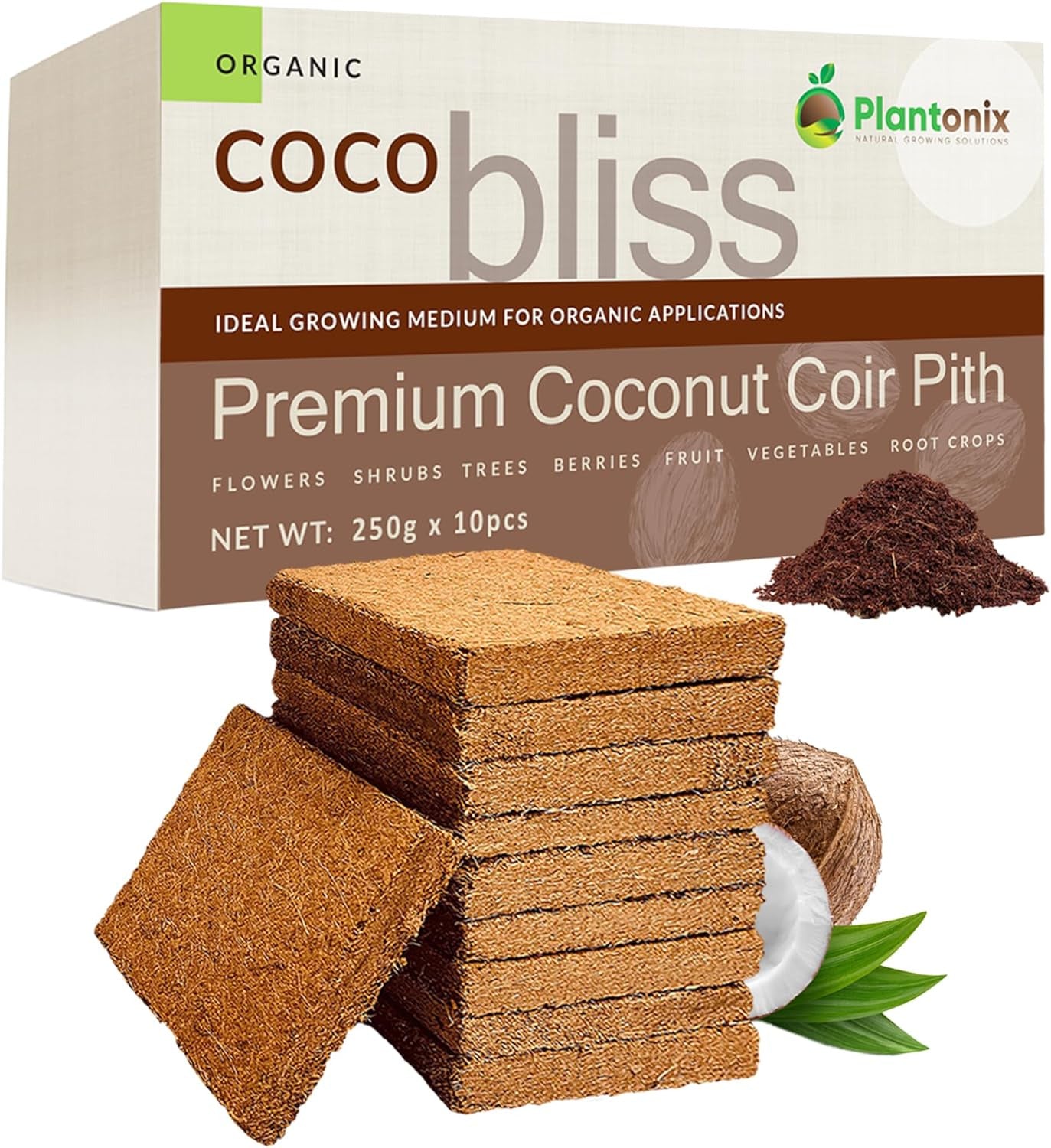 Coco Coir 250Gm Bricks (10-Pack) - Organic Coco Coir for Plants, Herbs, & Garden