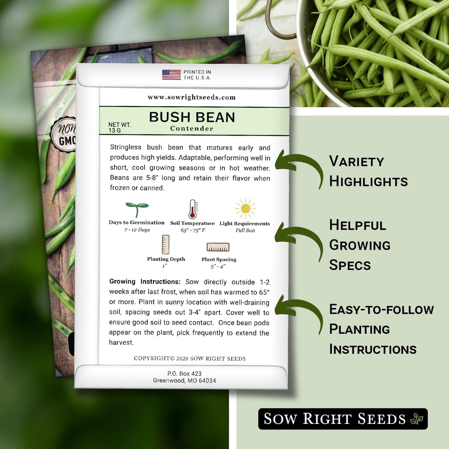 - Contender Bush Bean Seeds for Planting - Non-Gmo Heirloom Packet with Instruct