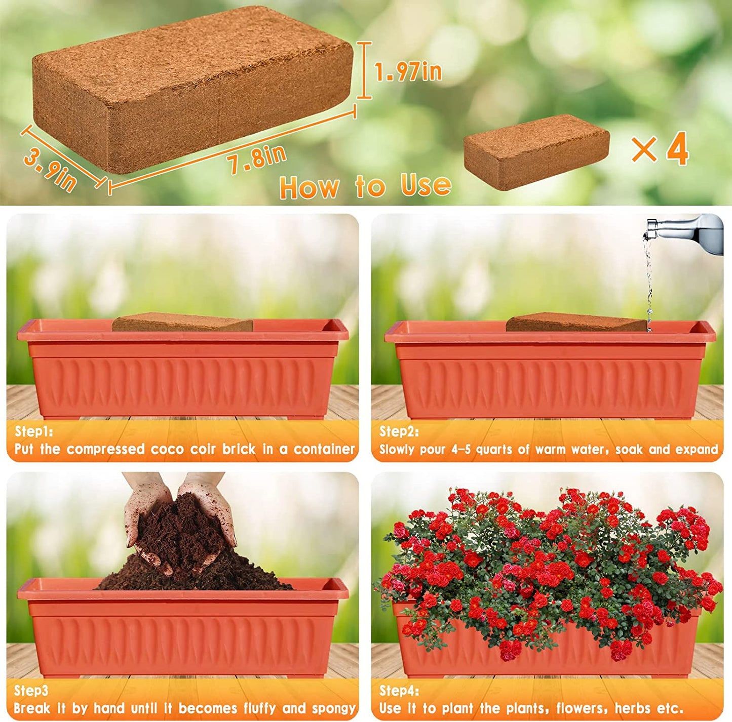 4 Pack Premium Coco Coir Brick for Plants- 100% Organic Compressed Coconut Coir