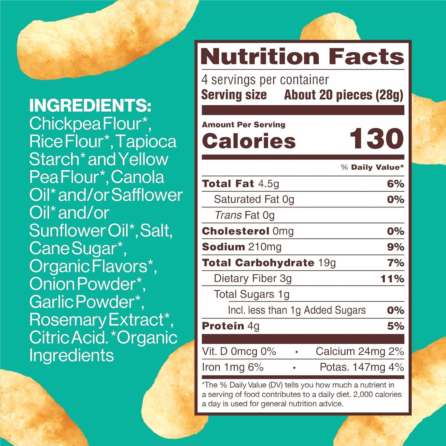 Organic Chickpea Puffs, Vegan White Cheddar, 4 Ounce (Pack of 1), 4G Protein, 3G