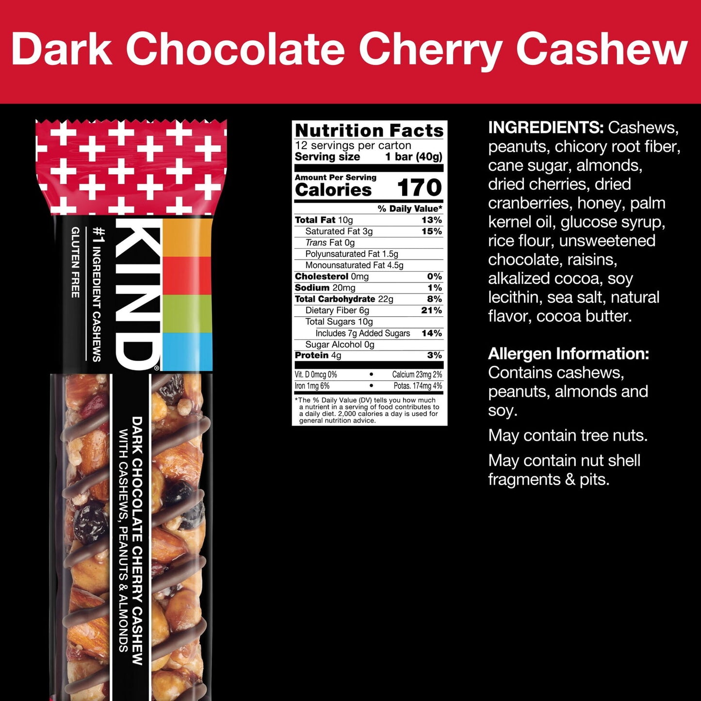 Gluten Free Dark Chocolate Cherry Cashew Snack Bars, 1.4 Oz, 12 Count Box