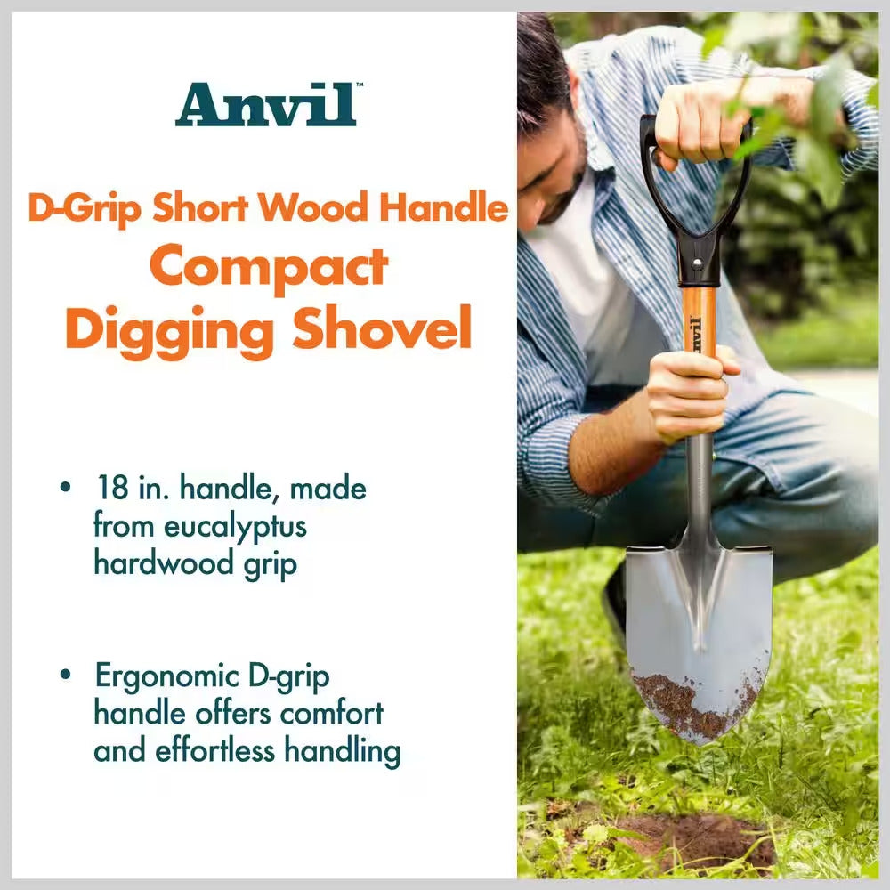 18 In. Wood D-Grip Short Handle Carbon Steel Compact Digging Shovel