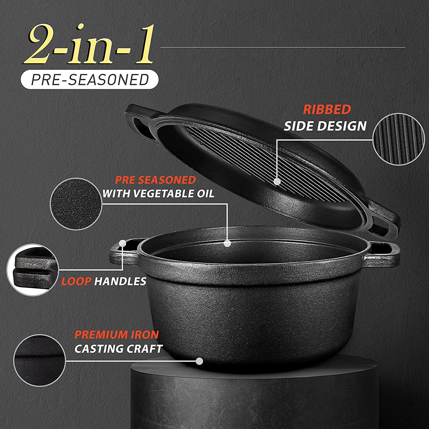 Pre-Seasoned Cast Iron 2-In-1 Heavy-Duty 5.5Qt Dutch Oven with Skillet Lid Set,