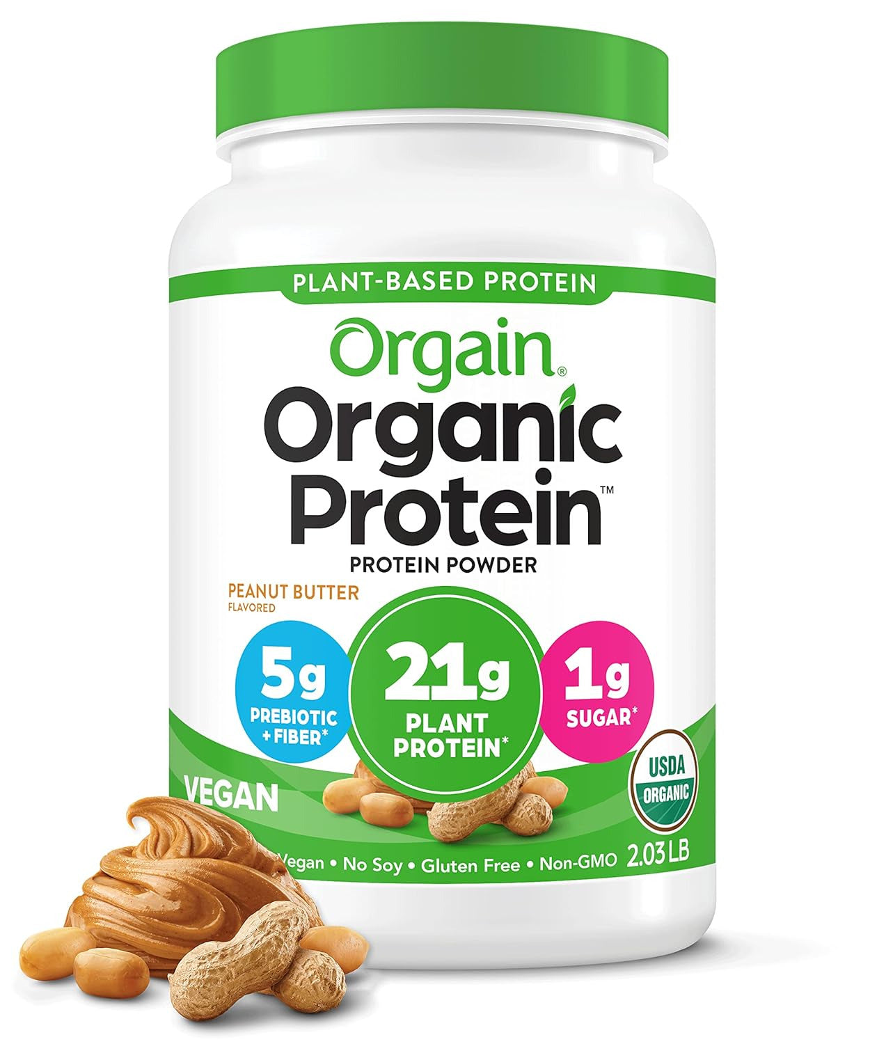 Organic Vegan Protein Powder, Peanut Butter - 21G Plant Protein, 5G Prebiotic Fi