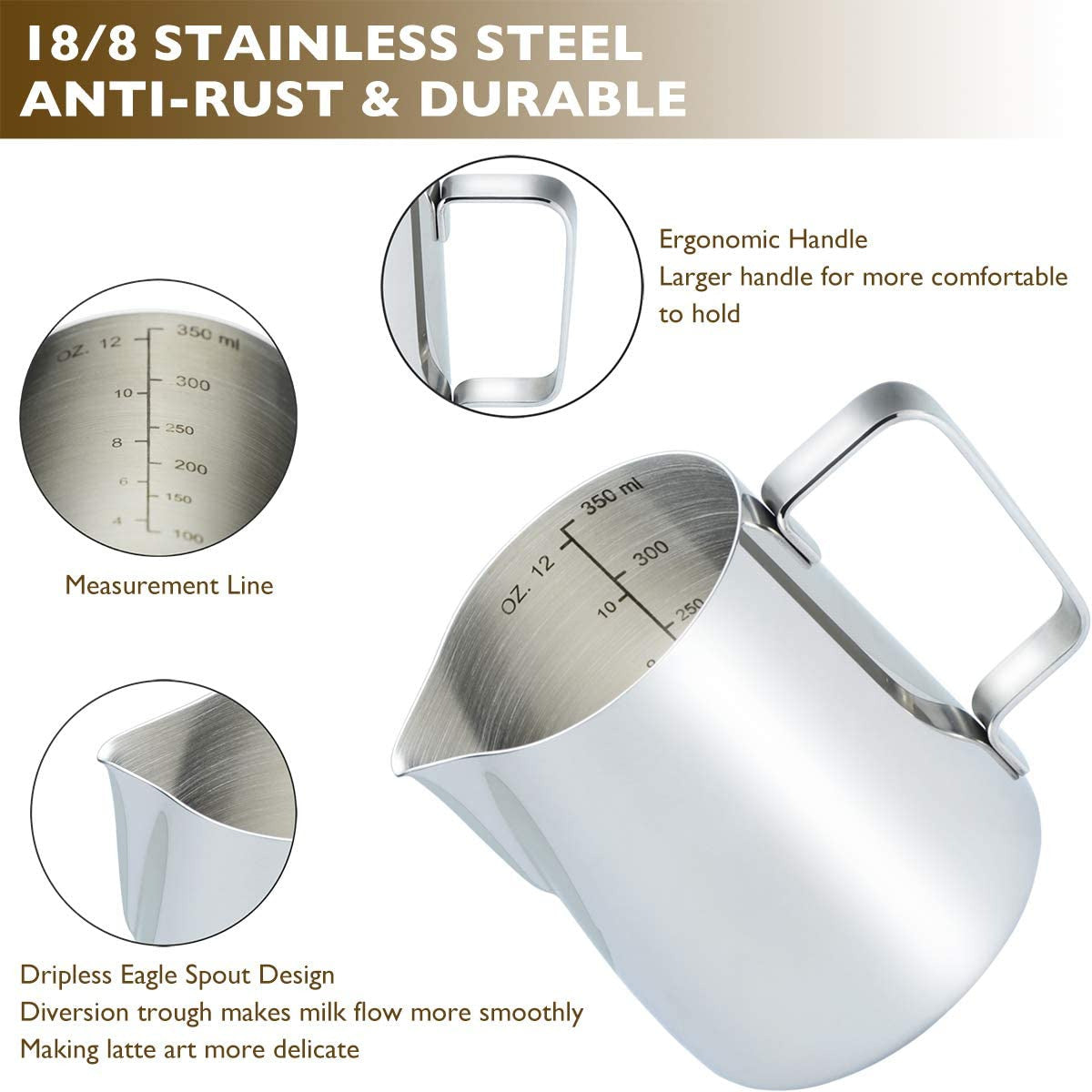 Stainless Steel Milk Frothing Pitcher 12 Oz, Espresso Steaming Pitcher with Deco