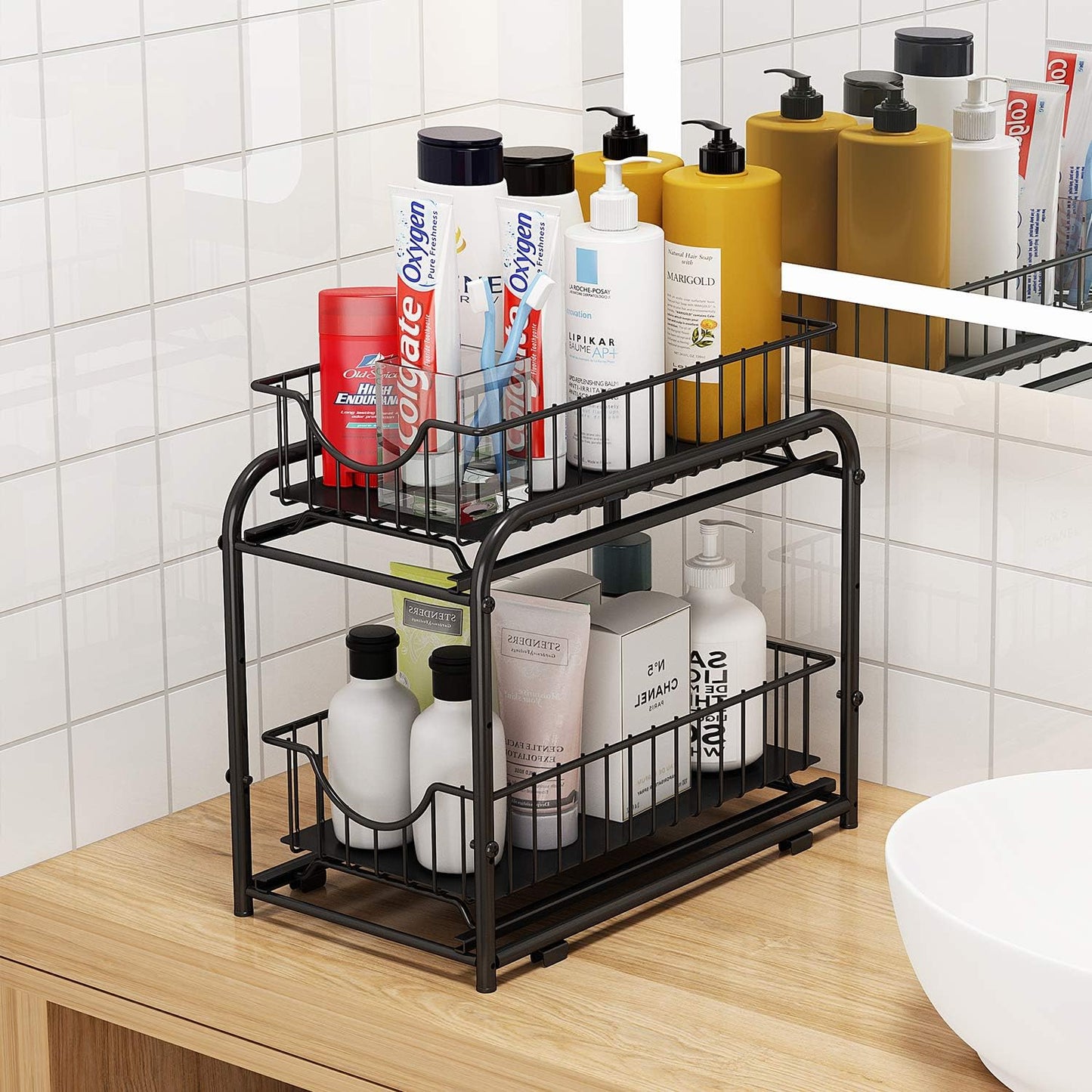 Pull-Out Cabinet Organizer, Stackable 2-Tier under Sink Rack, with Sliding Stora