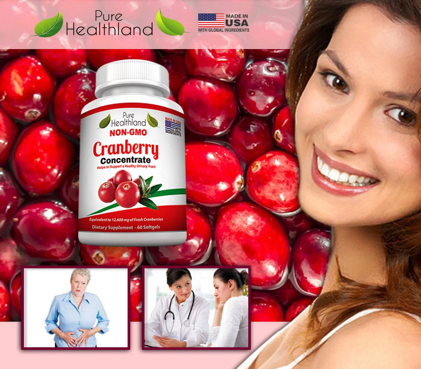 NON GMO Cranberry Concentrate Supplement Pills for Urinary Tract Infection UTI.