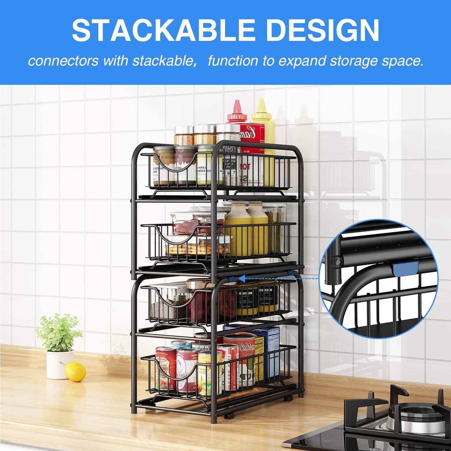 Pull-Out Cabinet Organizer, Stackable 2-Tier under Sink Rack, with Sliding Stora