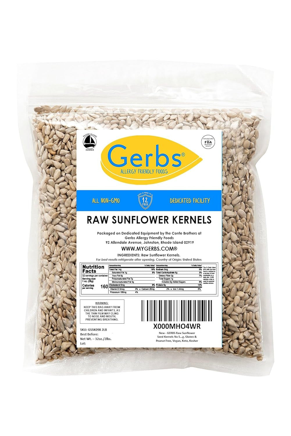 Raw Sunflower Seed Kernels by  – 2 LBS - Top 11 Food Allergen Free & Non GMO - V