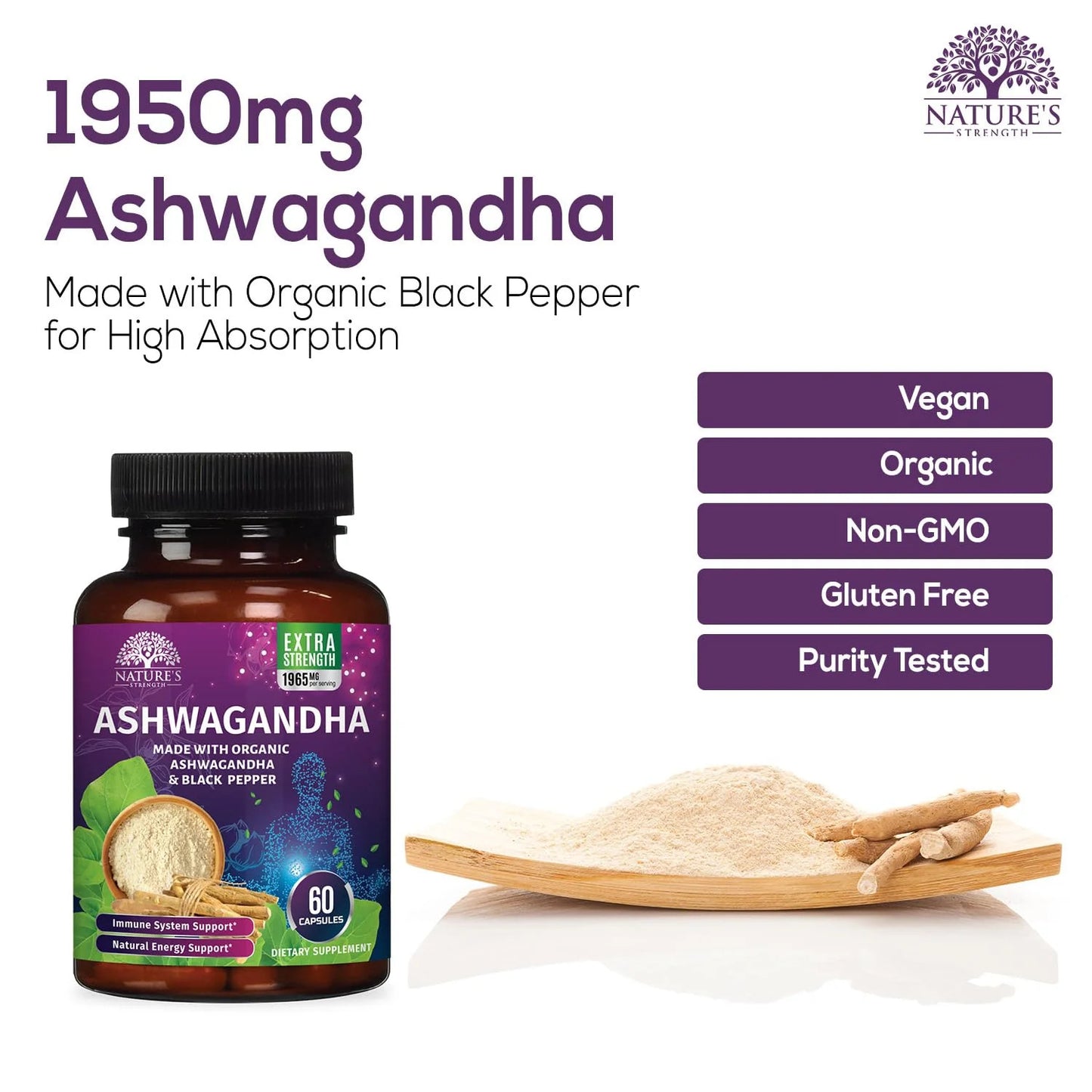 Organic Ashwagandha 1950 Mg - Certified Organic Ashwagandha Supplements, Stress