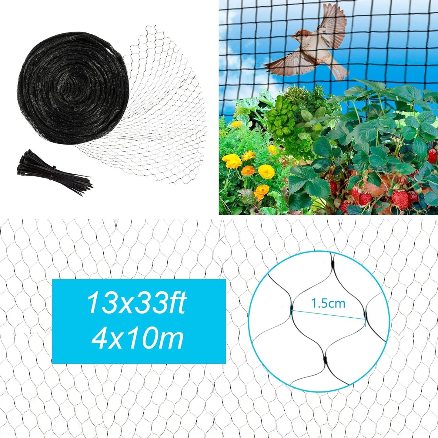 Bird Netting, 13 X 33 Feet Reusable Heavy Duty Fruit Tree Netting with 50Pcs Cab