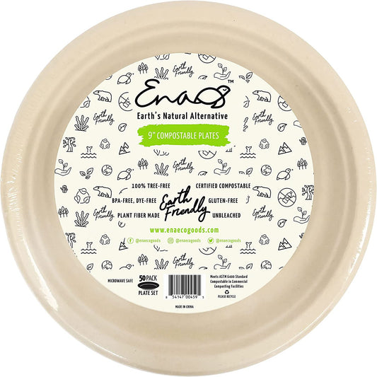 100% Compostable Disposable Paper Plates Bulk [9" 50 Pack], Bamboo Plates, Eco F