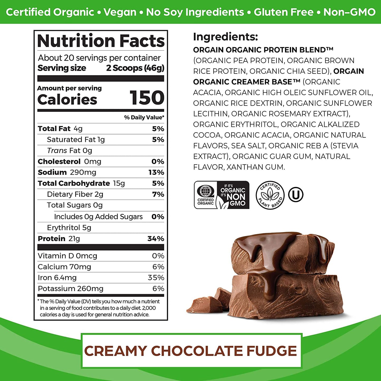 Organic Vegan Protein Powder, Creamy Chocolate Fudge - 21G Plant Protein, 6G Pre